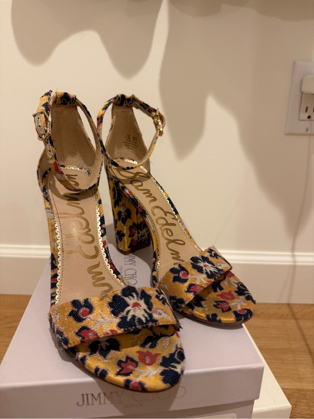 Sam Edelman Floral Brocade Block Heel Sandals Size 6.5 Yellow Jacquard￼